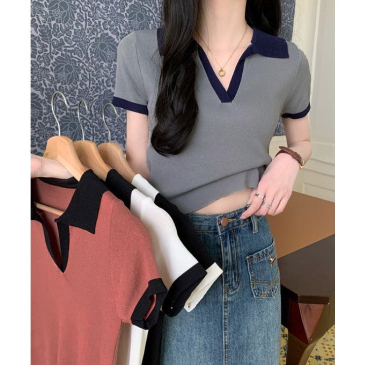 サマーニット夏Vネック半袖ニットトップス | Miniministore | 詳細画像1 