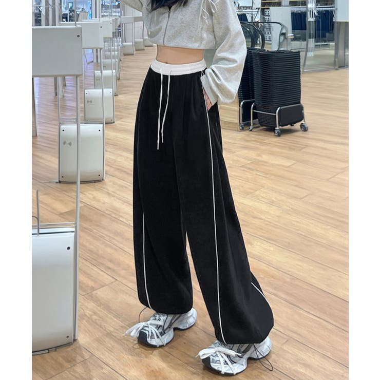 ブラック | 配色ラインスウェットパンツ ワイドパンツ | Miniministore