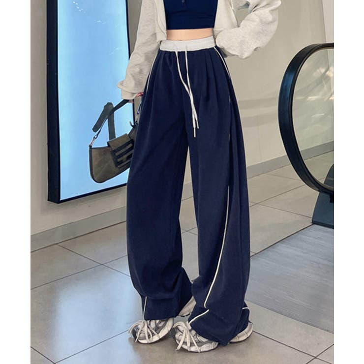 ネイビー | 配色ラインスウェットパンツ ワイドパンツ | Miniministore