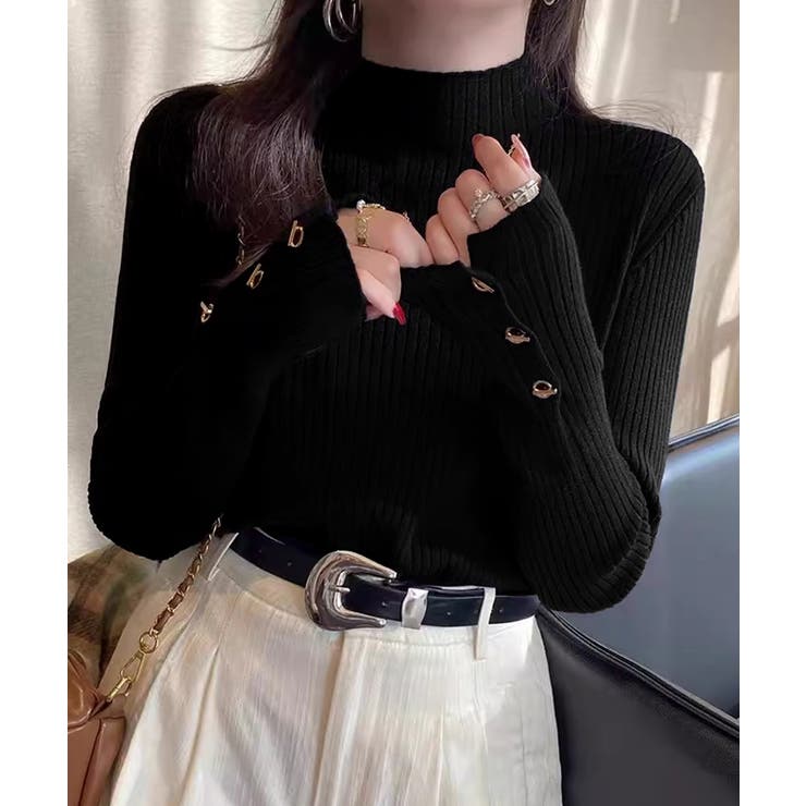 ブラック | モックネック ニットトップス 長袖秋冬服 | Miniministore