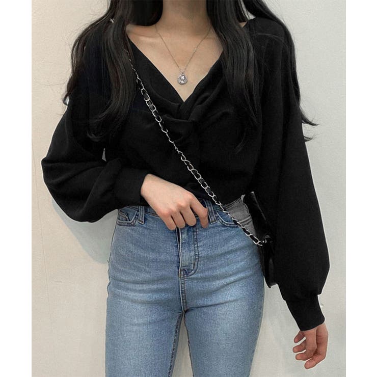 ブラック | フロントねじり シャツブラウス Vネック | SUNSHINE CLOSET