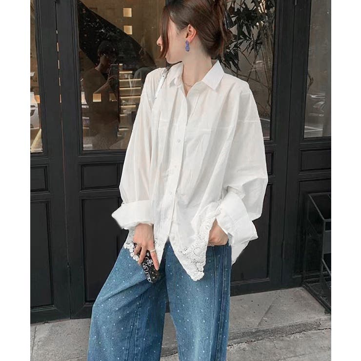 ホワイト | レース切替シャツブラウス長袖シャツ韓国風 | SUNSHINE CLOSET