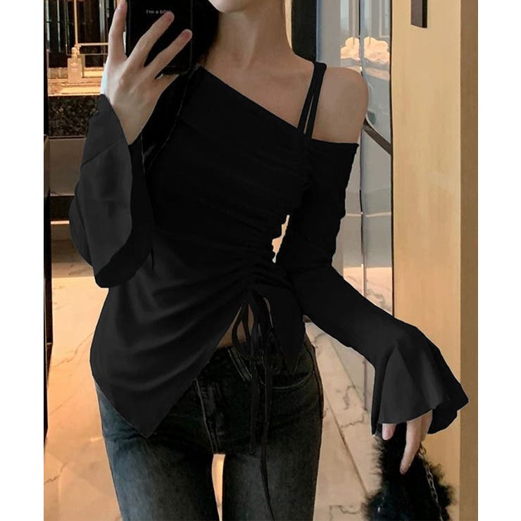 ブラック | ワンオフショルダーTシャツギャザー 長袖 | Miniministore