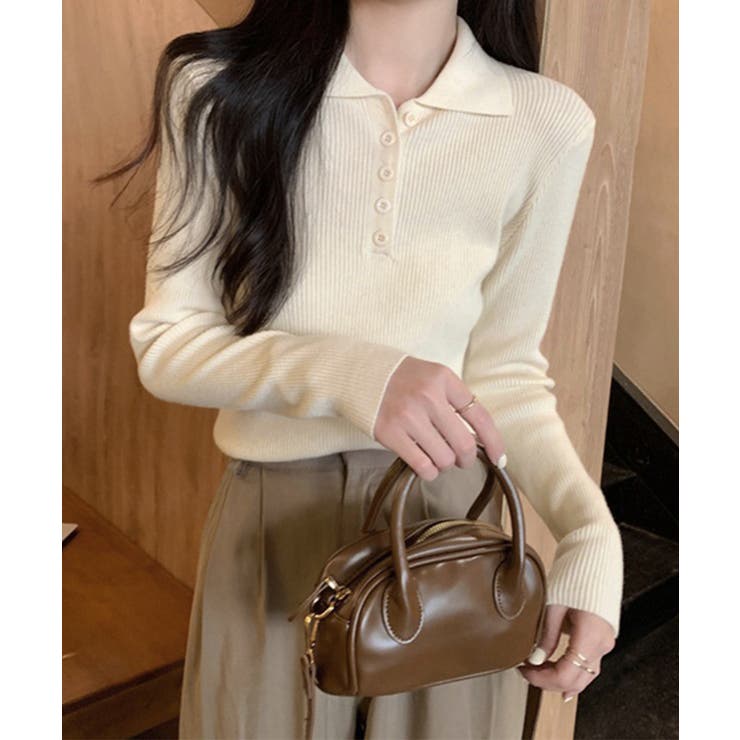 アイボリー | ポロリブニットトップス ベーシック春秋服 | Miniministore