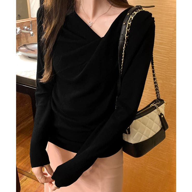 ブラック | 長袖ドレープニットトップス Vネック秋冬 | Miniministore