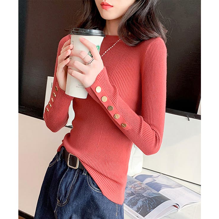 レッド系（コーラル寄り） | 袖ボタン リブニットトップス レディース | SUNSHINE CLOSET