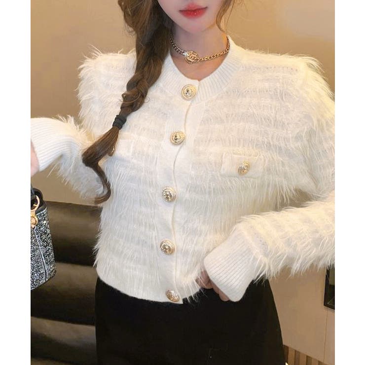 ホワイト | 上品シャギーニットトップス 大人可愛い長袖クルーネック羽織りきれいめ韓国風フェミ… | SUNSHINE CLOSET