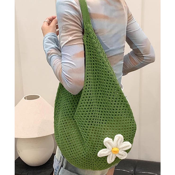 グリーン | トートバッグ花モチーフ付き編みバッグ軽量 | Miniministore