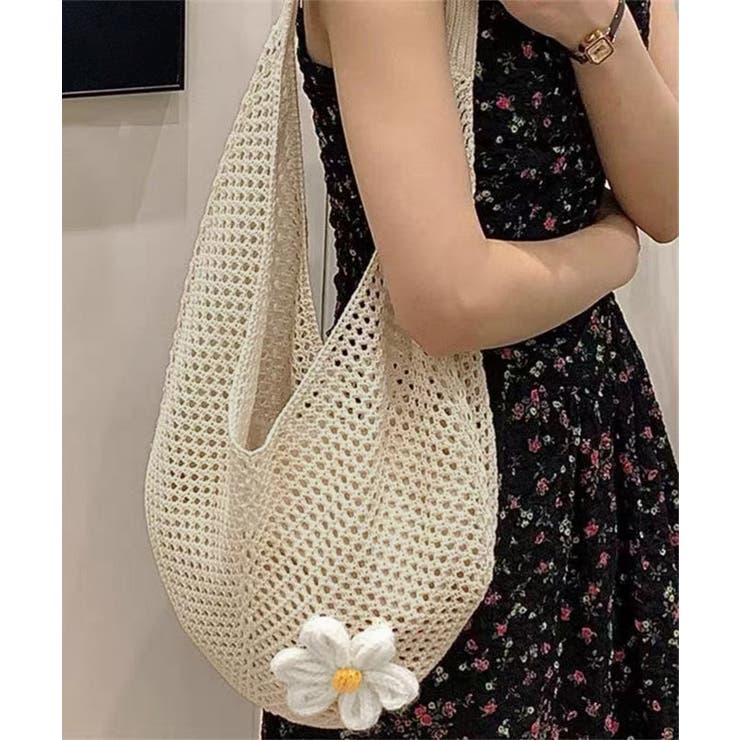 アイボリー | トートバッグ花モチーフ付き編みバッグ軽量 | Miniministore