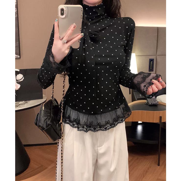 ブラック | ドット柄 レースフリルトップスハイネック | Miniministore