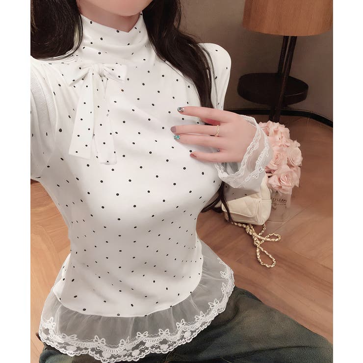 ホワイト | ドット柄 レースフリルトップスハイネック | Miniministore