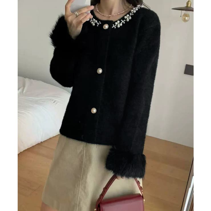 ブラック | モヘアニットカーディガンファージャケット | Miniministore