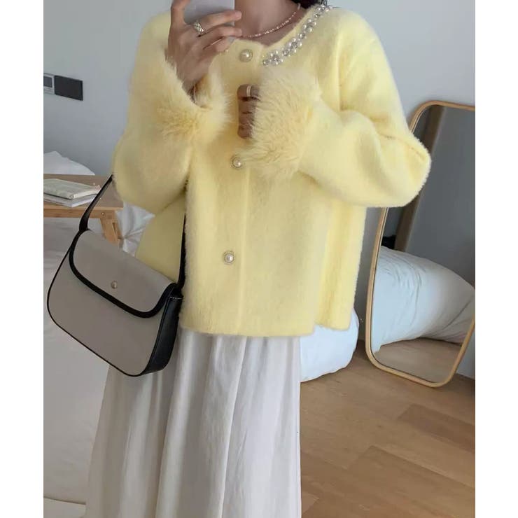 イエロー | モヘアニットカーディガンファージャケット | Miniministore