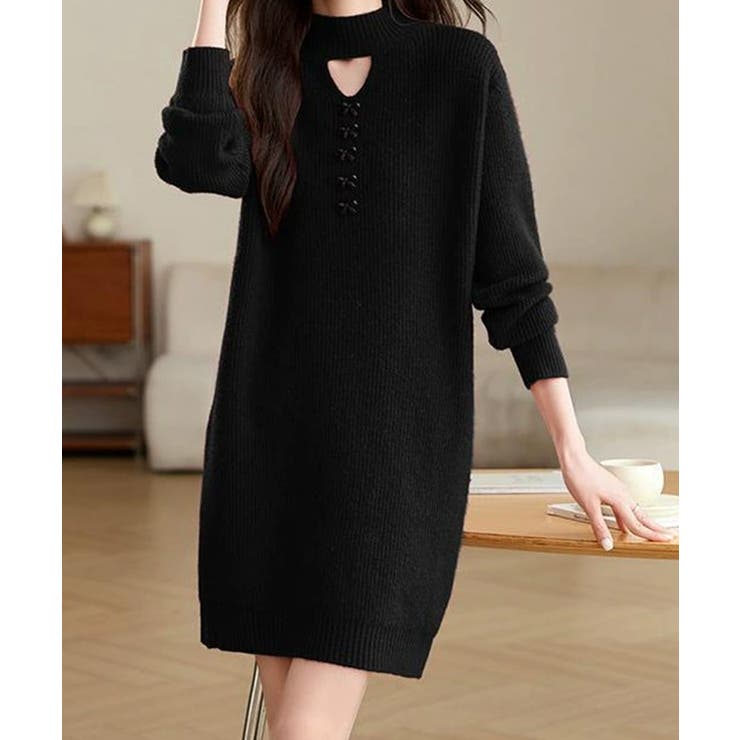ブラック | 胸元セクシーニットワンピース リボン付き | Miniministore