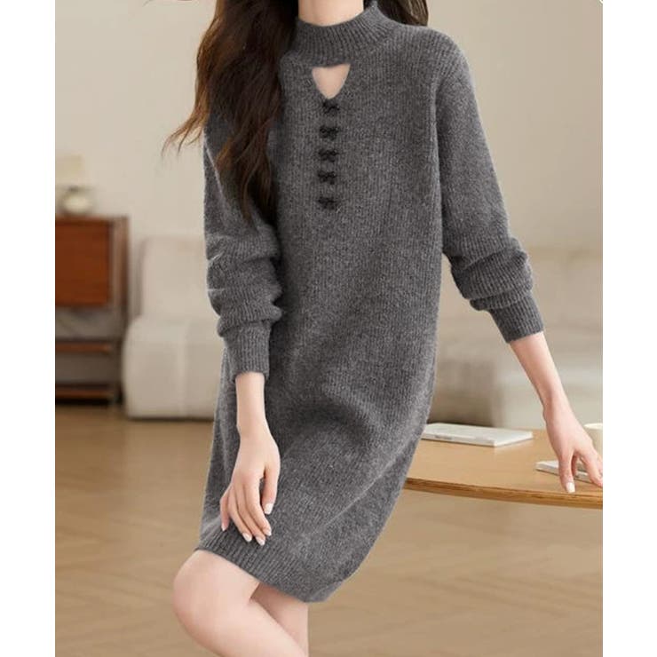 グレー | 胸元セクシーニットワンピース リボン付き | Miniministore