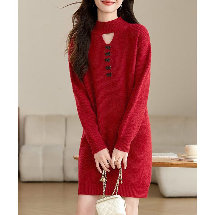 レッド | 胸元セクシーニットワンピース リボン付き | Miniministore