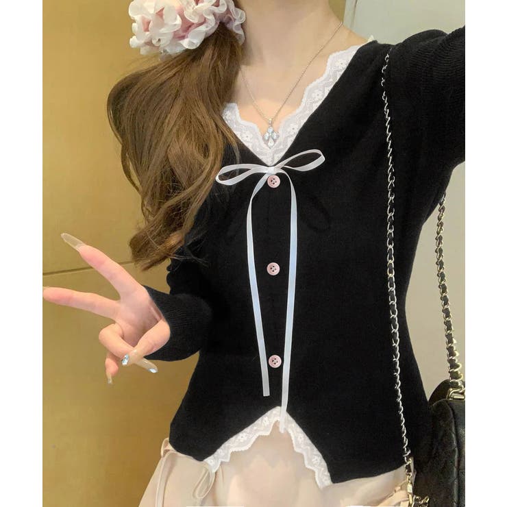 ブラック | リボンニットトップスレース切り替え 長袖 | Miniministore