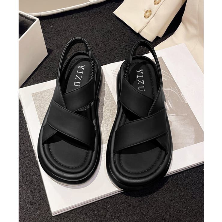 ブラック | 厚底クロスサンダル コンフォートサンダル | Miniministore