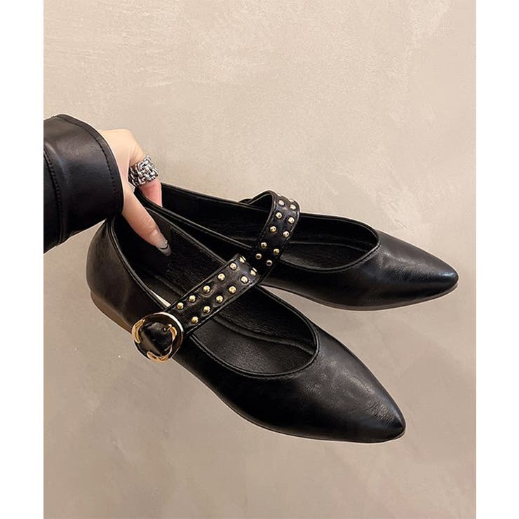 ブラック | スタッズ付きメアリージェーンパンプス浅口 | Miniministore