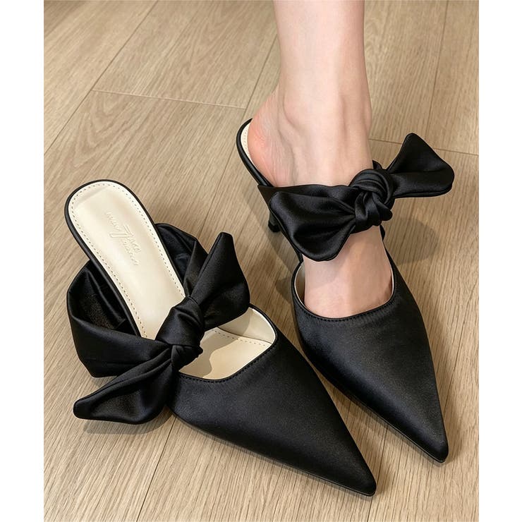 ブラック | ミュールサンダルレディース きれいめ 歩きやすいリボンパンプス上品 | SUNSHINE CLOSET
