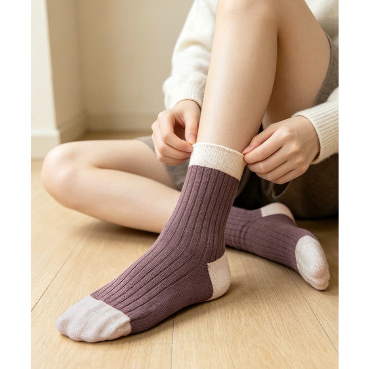 パープル | 配色リブクルーソックスレディース靴下定番 | Miniministore