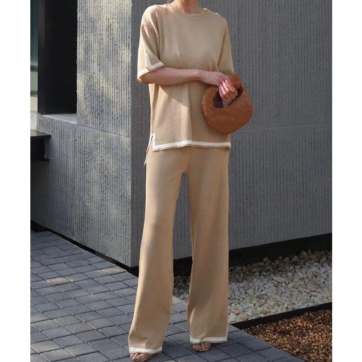 ダークベージュ | セットアップ 配色スリットニットとパンツ | Miniministore