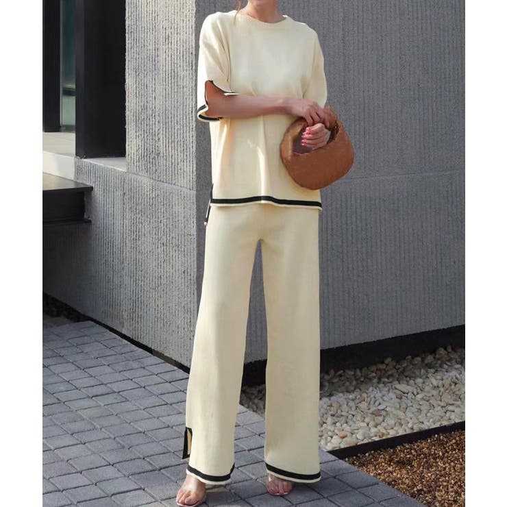 ライトベージュ | セットアップ 配色スリットニットとパンツ | Miniministore