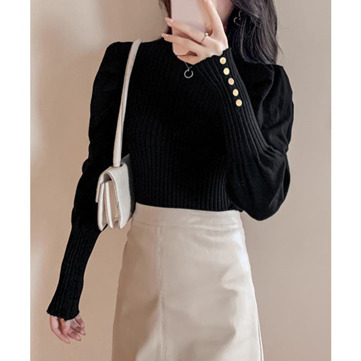 ブラック | ボトルネックニットトップス 袖口金ボタン | Miniministore