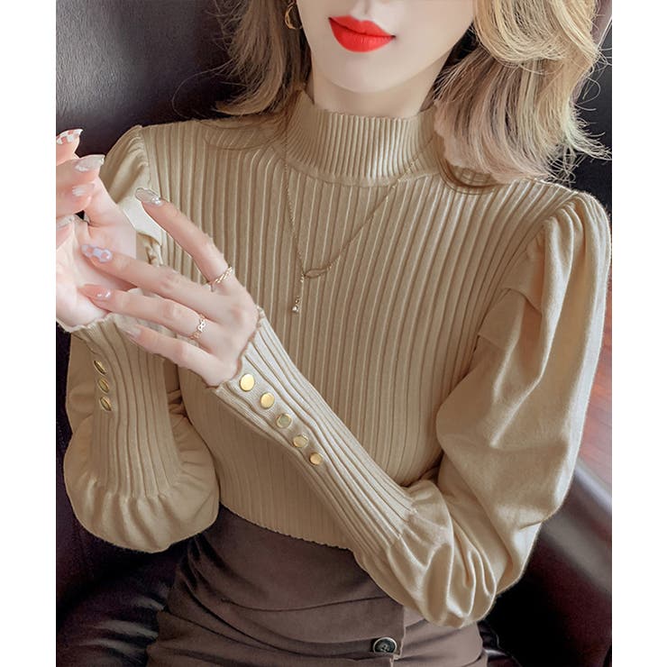 ダークベージュ | ボトルネックニットトップス 袖口金ボタン | Miniministore