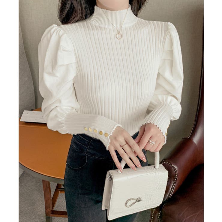 オフホワイト | ボトルネックニットトップス 袖口金ボタン | Miniministore