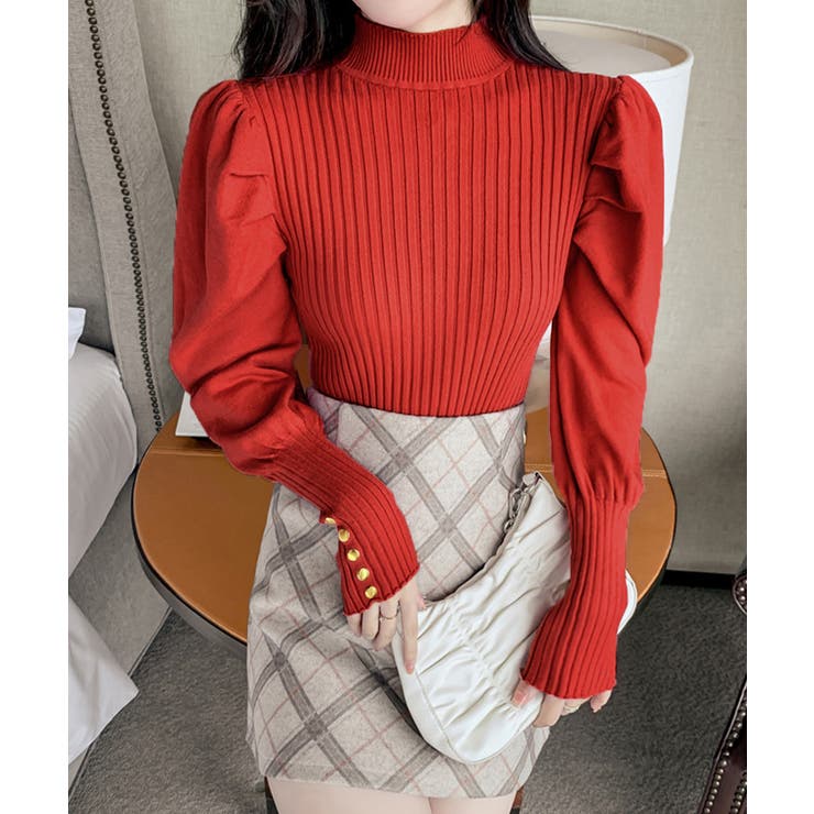 レッド | ボトルネックニットトップス 袖口金ボタン | Miniministore