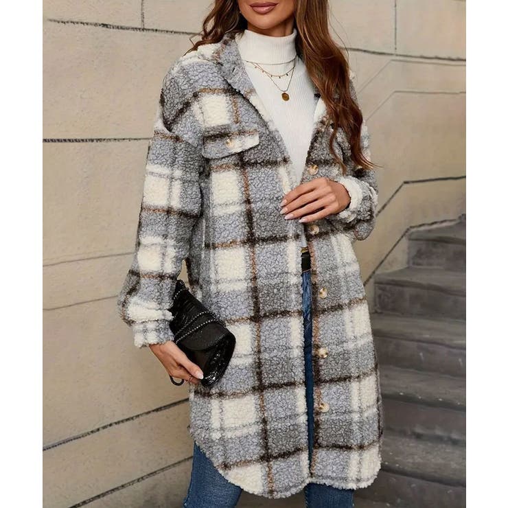 グレー | ボアジャケット韓国風チェックカーディガン | SUNSHINE CLOSET