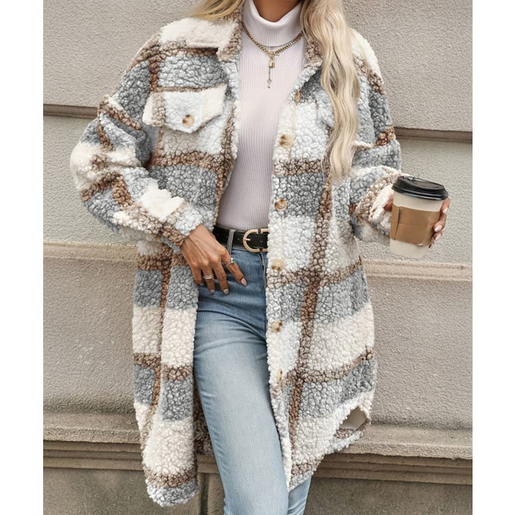 アイボリー | ボアジャケット韓国風チェックカーディガン | SUNSHINE CLOSET