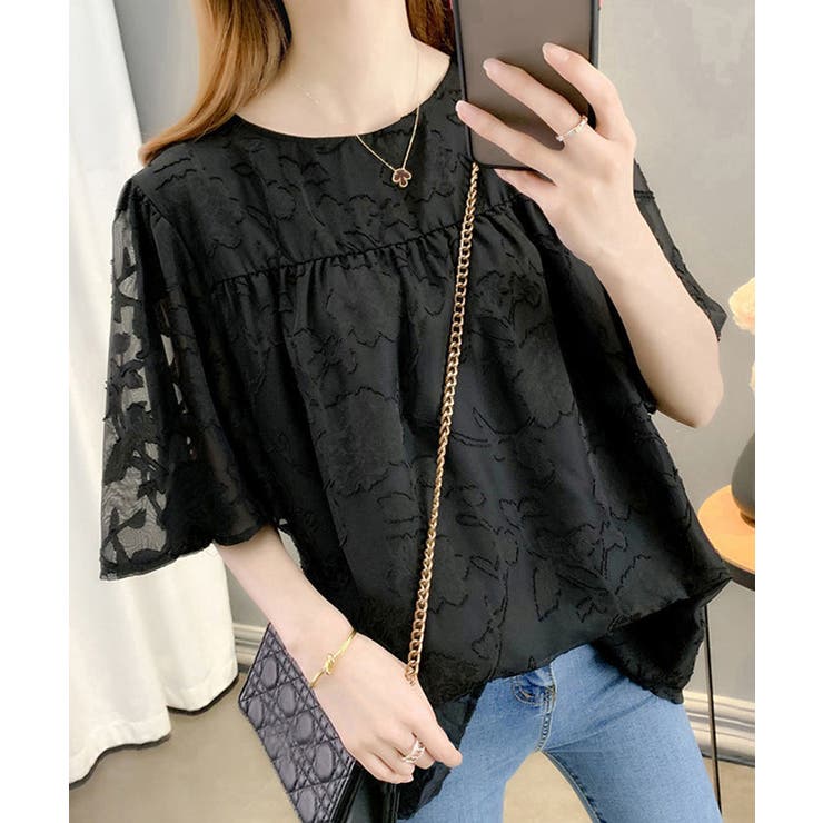 ブラック | フレア袖シフォンブラウス レディース夏服 | Miniministore