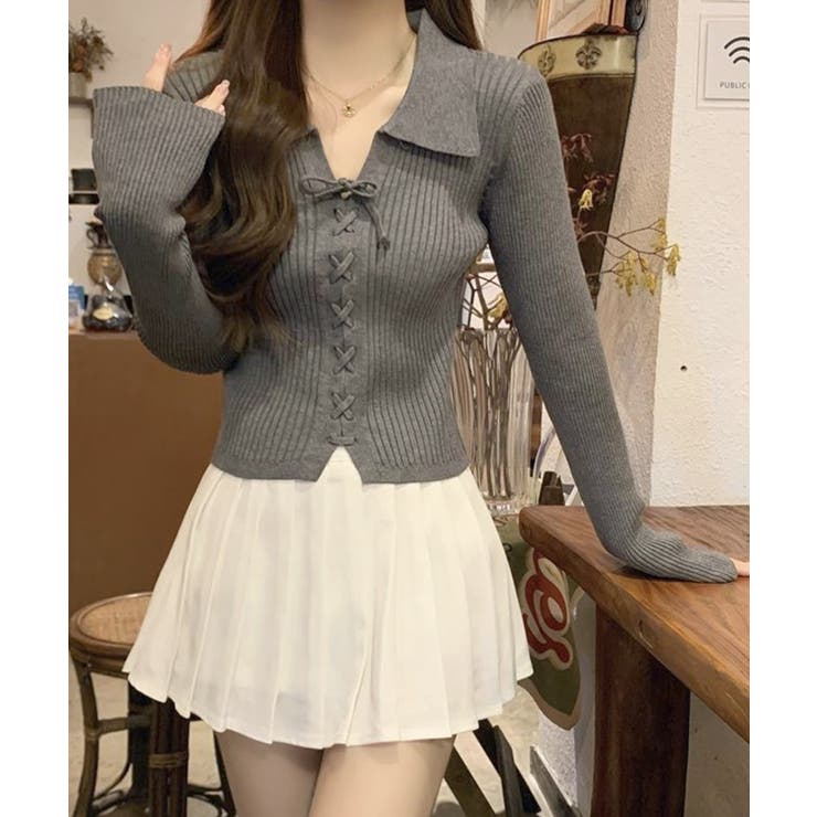 グレー | レースアップ リブニットトップス 韓国風 | SUNSHINE CLOSET