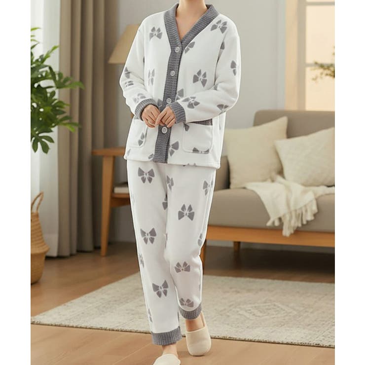 グレー | リボン柄 フリースルームウエア上下セット | Miniministore