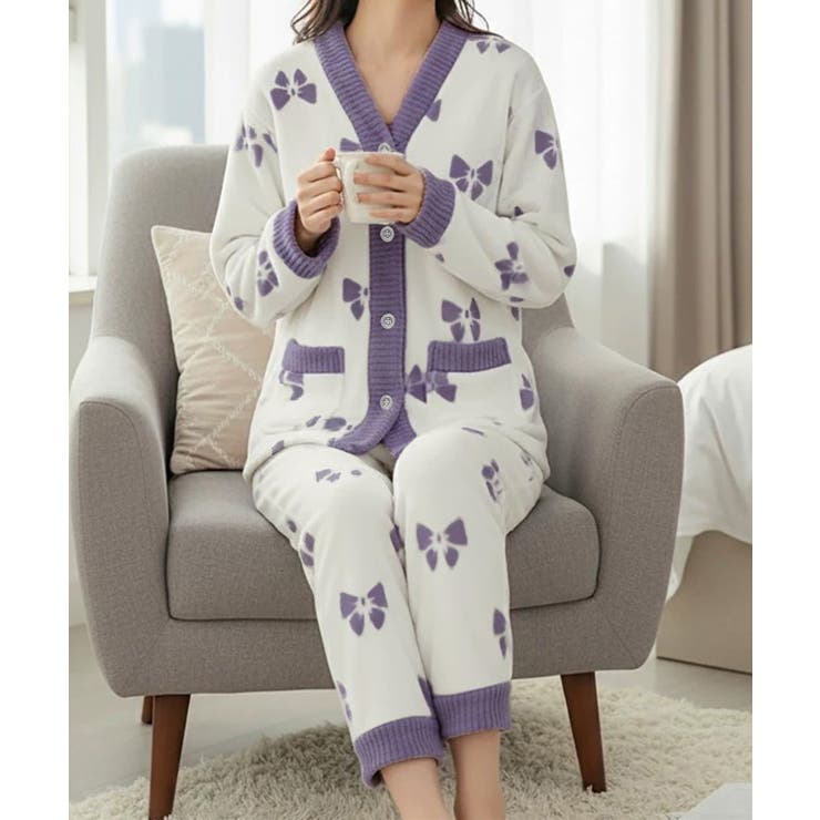 パープル | リボン柄 フリースルームウエア上下セット | Miniministore