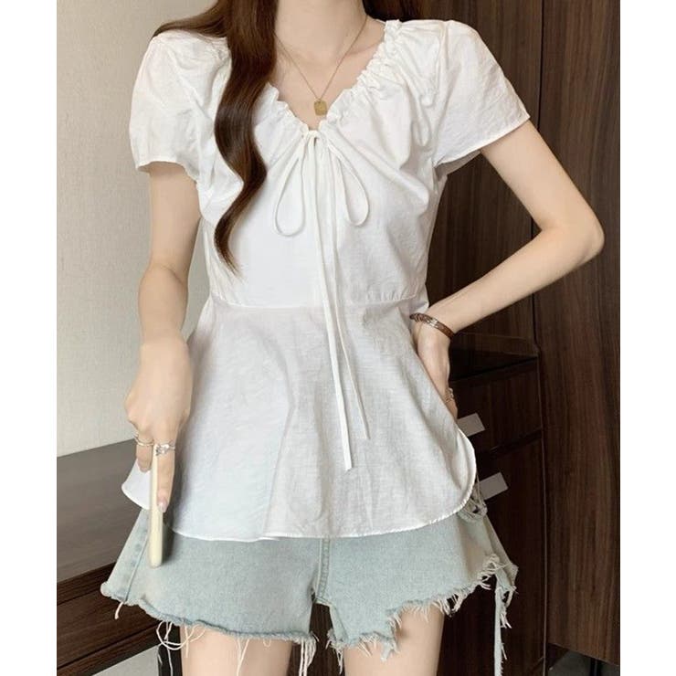 ホワイト | 襟ドロストシャツ半袖レディース Vネックパフスリーブブラウス 大人きれいめ韓国風… | SUNSHINE CLOSET