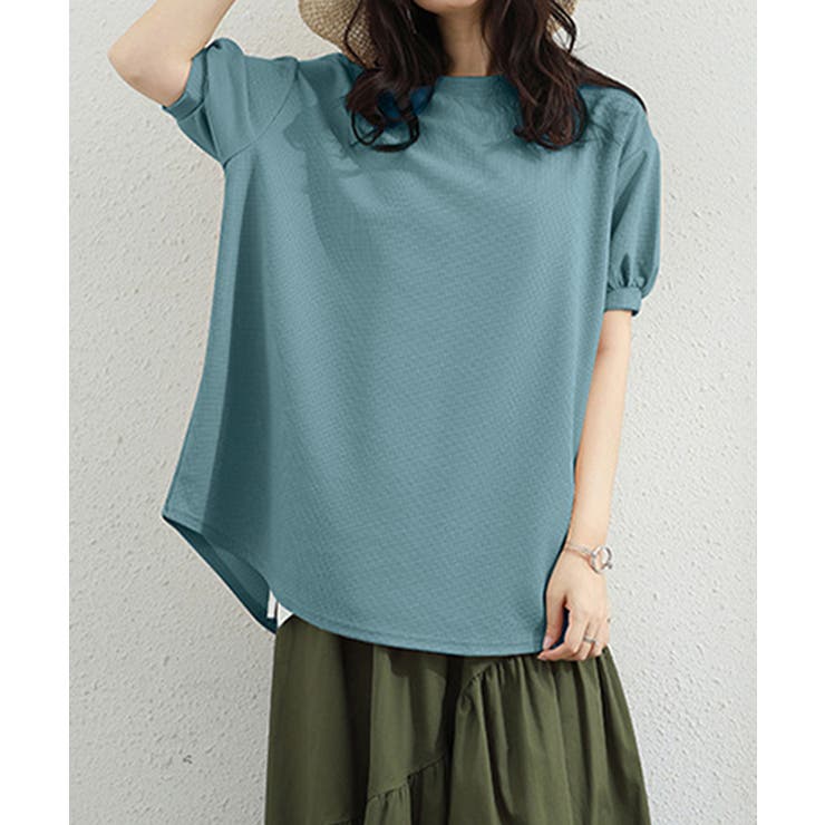サックスブルー | 大人可愛いワッフルプルオーバー パフスリーブ体型カバートップス カジュアル | SUNSHINE CLOSET