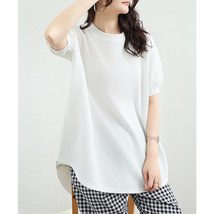ホワイト | 大人可愛いワッフルプルオーバー パフスリーブ体型カバートップス カジュアル | SUNSHINE CLOSET