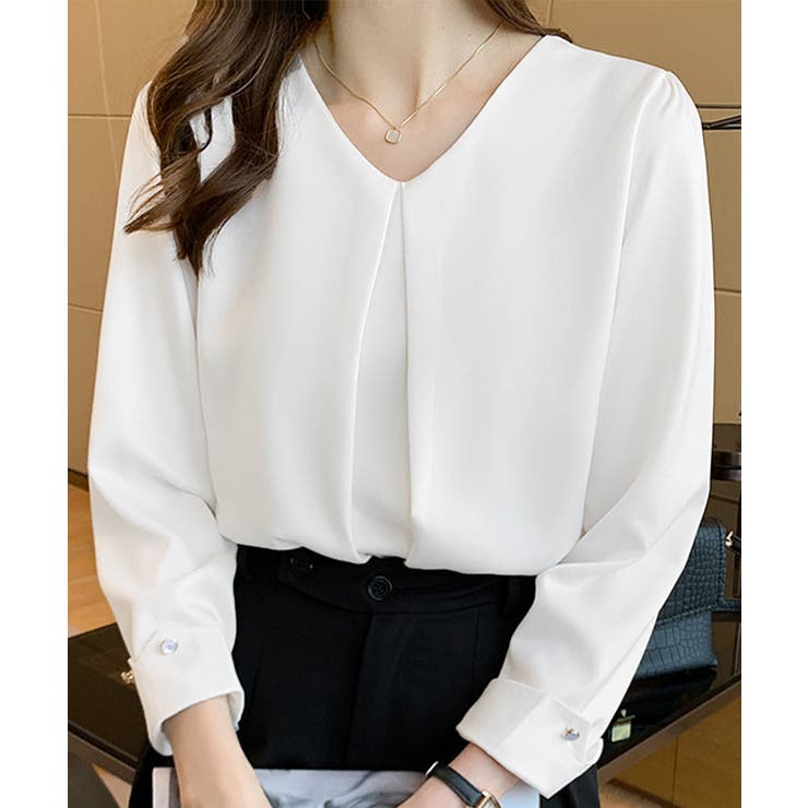 ホワイト | Vネックシフォンブラウス タックブラウス | Miniministore