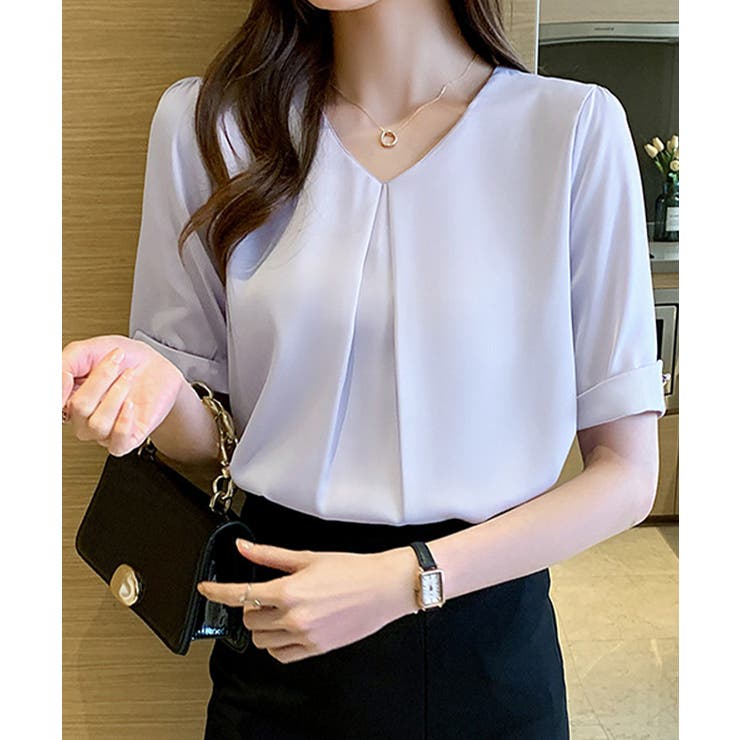 ラベンダー（ブルー寄り） | 半袖シャツブラウスレディースVネック夏服 | Miniministore