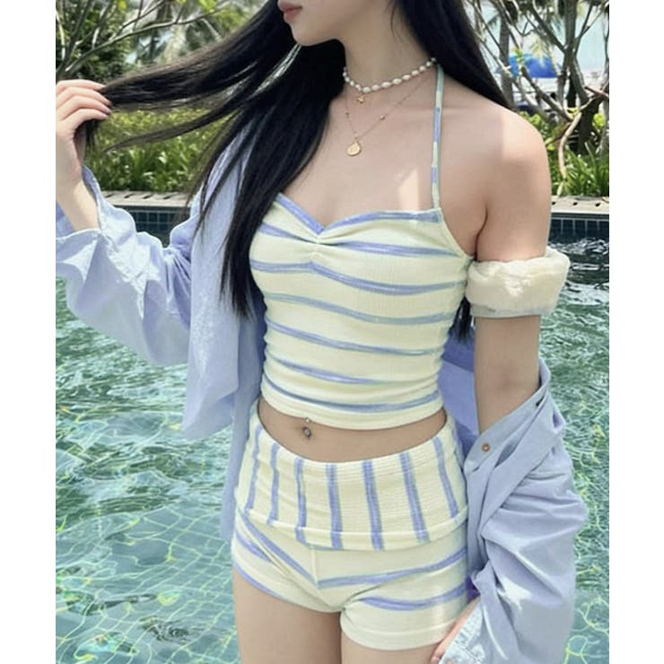ブルー | タンキニ風水着レディース ホルターネックビキニトップス ハイウエストショートパン… | SUNSHINE CLOSET