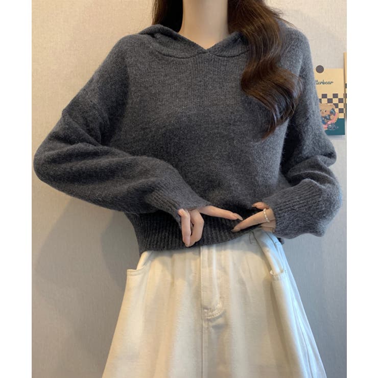 チャコールグレー | ニットパーカーフード付き ニットセーター | Miniministore
