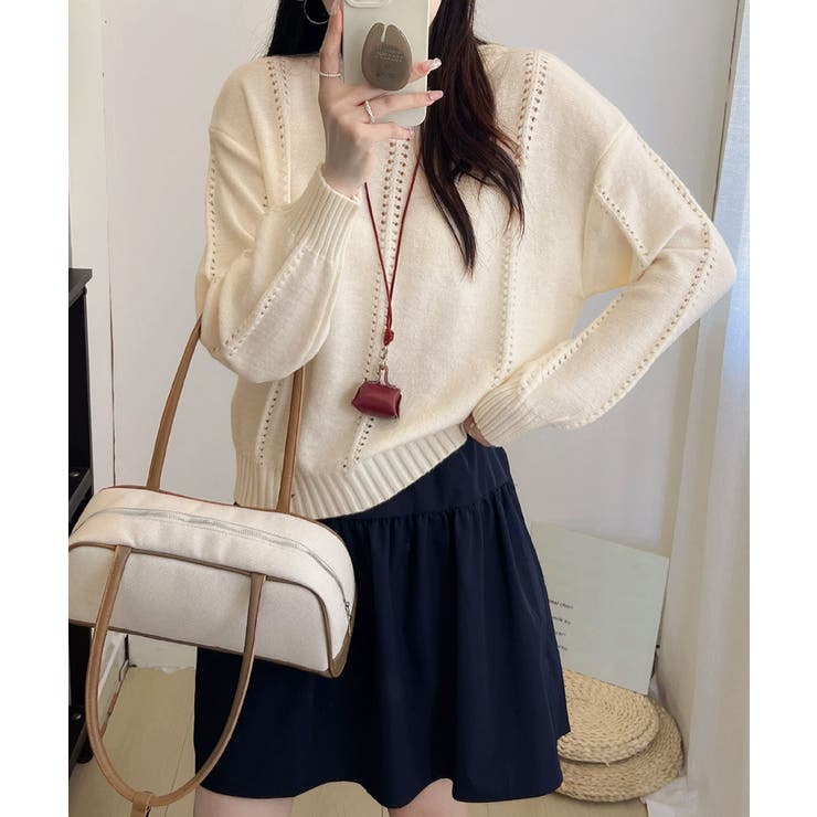 アイボリー | ニットトップス 秋冬クルーネックセーター | Miniministore