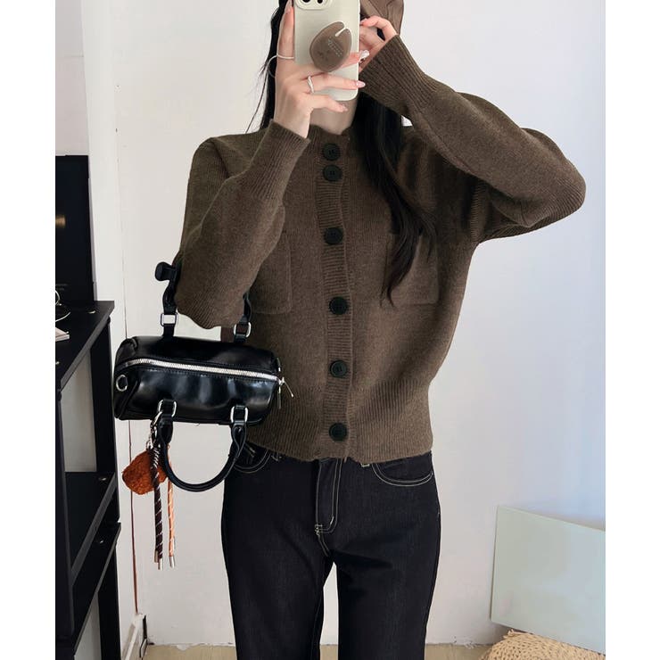 ブラウン | ショート丈ニットカーディガンポケット付き | Miniministore