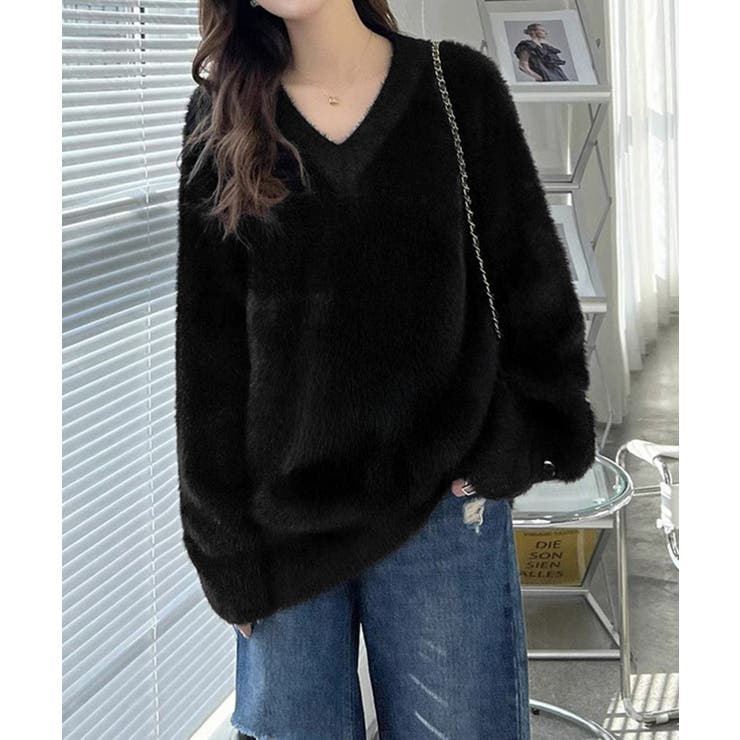 ブラック | シャギーニットトップスふわふわニット秋冬 | SUNSHINE CLOSET