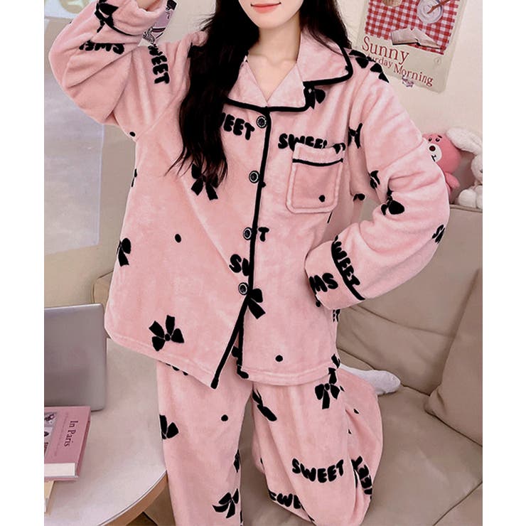 リボンフリースパジャマ 暖かい上下セット[品番：AGCW0006118