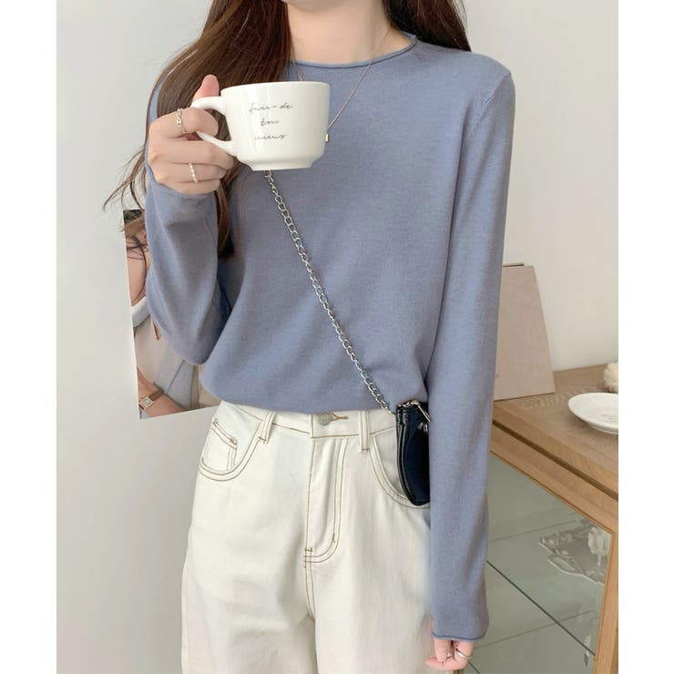 ブルーグレー | ラウンドネックニットトップス レディース | Miniministore