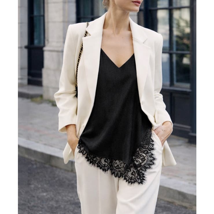 ブラック | サテン調レーストリムキャミソールVネック | Miniministore